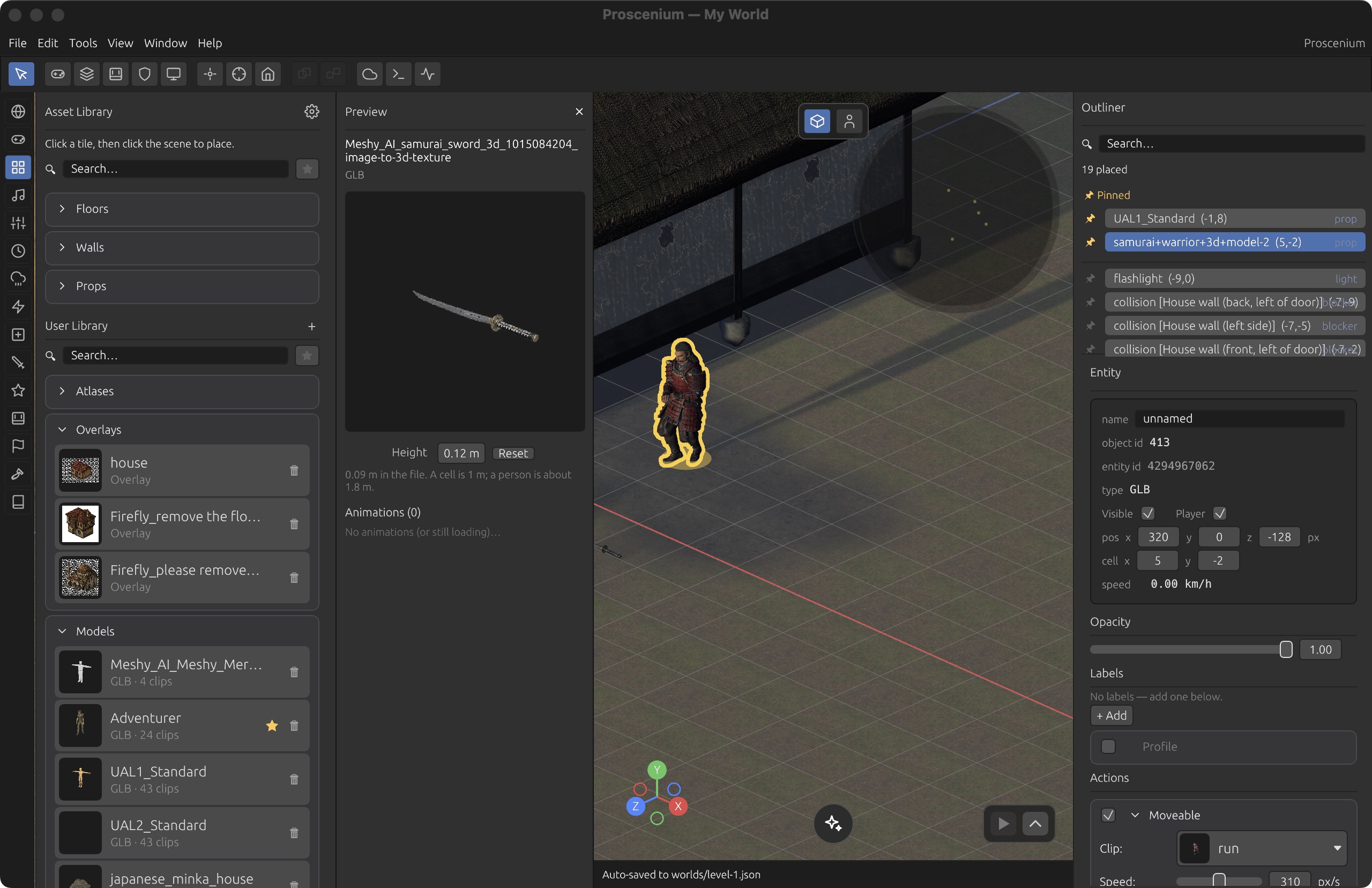 Edit mode with outline, gizmo and inspector
